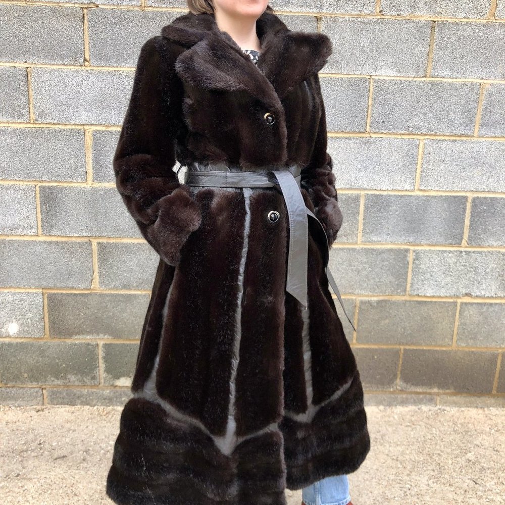 70s Vintage Faux Fur Princess Trench Coat Womens Small S Glam Mob Wife Classic